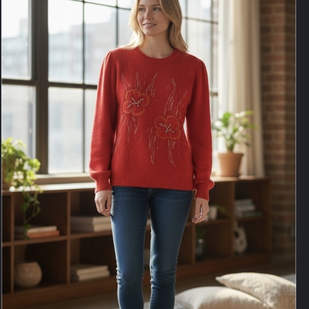 Authentic Original Vintage Embroidered  & Beaded Red Sweater.